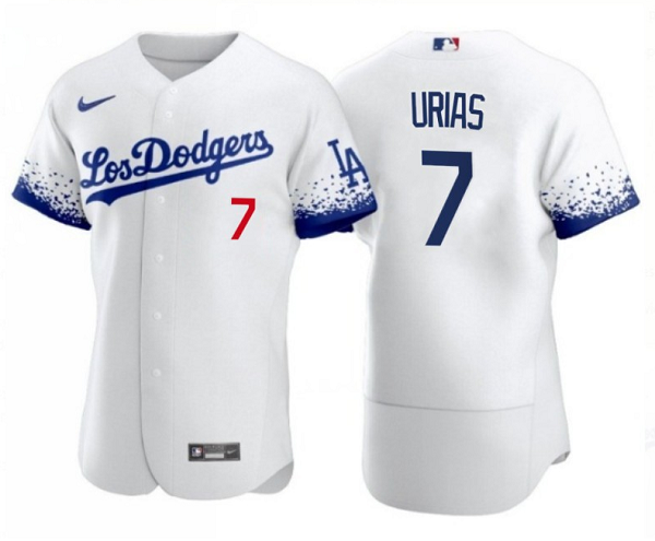 Men's Los Angeles Dodgers #7 Julio Urias 2021 White City Connect Flex Base Stitched Baseball Jersey Men's Los Angeles Dodgers #7 Julio Urias 2021 White City Connect Flex Base Stitched Baseball Jersey